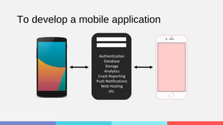 To develop a mobile application
Reality
Authentication
Database
Storage
Analytics
Crash Reporting
Push Notifications
Web Hosting
etc.
 