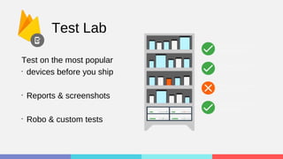 Test Lab
Test on the most popular
•
devices before you ship
•
Reports & screenshots
•
Robo & custom tests
 
