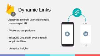 Dynamic Links
Customize different user experiences
•
via a single URL
•
Works across platforms
Preserves URL state, even through
•
app install flow
•
Analytics insights
 
