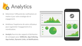 ● Déterminer l'efficacité des notifications et
mettre à jour votre stratégie de ré-
engagement.
● Améliorez l'expérience de votre utilisateur
pour augmenter l'engagement et la
monétisation.
● Analytic fournira des rapports d'attribution
de campagne pour AdWords, App Indexing,
App Invites, Dynamic Links, et Notifications.
 