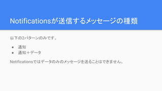 Notificationsが送信するメッセージの種類
以下の2パターンのみです。
● 通知
● 通知＋データ
Notificationsではデータのみのメッセージを送ることはできません。
 