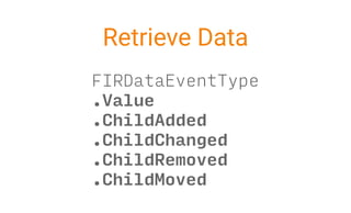 FIRDataEventType
.Value
.ChildAdded
.ChildChanged
.ChildRemoved
.ChildMoved
Retrieve Data