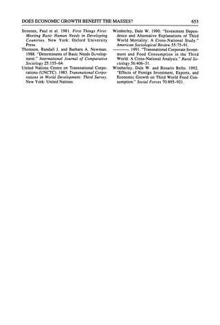 DOESECONOMICGROWTHBENEFITTHEMASSES? 653
Streeten, Paul et al. 1981. First Things First:
Meeting Basic Human Needs in Developing
Countries. New York: Oxford University
Press.
Thomson, Randall J. and Barbara A. Newman.
1988. "Determinantsof Basic Needs Develop-
ment." International Journal of Comparative
Sociology 25:155-64.
United Nations Centre on TransnationalCorpo-
rations (UNCTC). 1983. Transnational Corpo-
rations in WorldDevelopment: Third Survey.
New York: United Nations.
Wimberley, Dale W. 1990. "Investment Depen-
dence and Alternative Explanations of Third
World Mortality: A Cross-National Study."
American Sociological Review 55:75-91.
. 1991. "TransnationalCorporateInvest-
ment and Food Consumption in the Third
World: A Cross-National Analysis." Rural So-
ciology 56:406-3 1.
Wimberley, Dale W. and Rosario Bello. 1992.
"Effects of Foreign Investment, Exports, and
Economic Growth on Third World Food Con-
sumption."Social Forces 70:895-921.
 