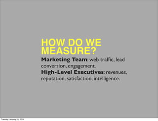 HOW DO WE
                            MEASURE?
                            Marketing Team: web trafﬁc, lead
                            conversion, engagement.
                            High-Level Executives: revenues,
                            reputation, satisfaction, intelligence.




Tuesday, January 25, 2011
 
