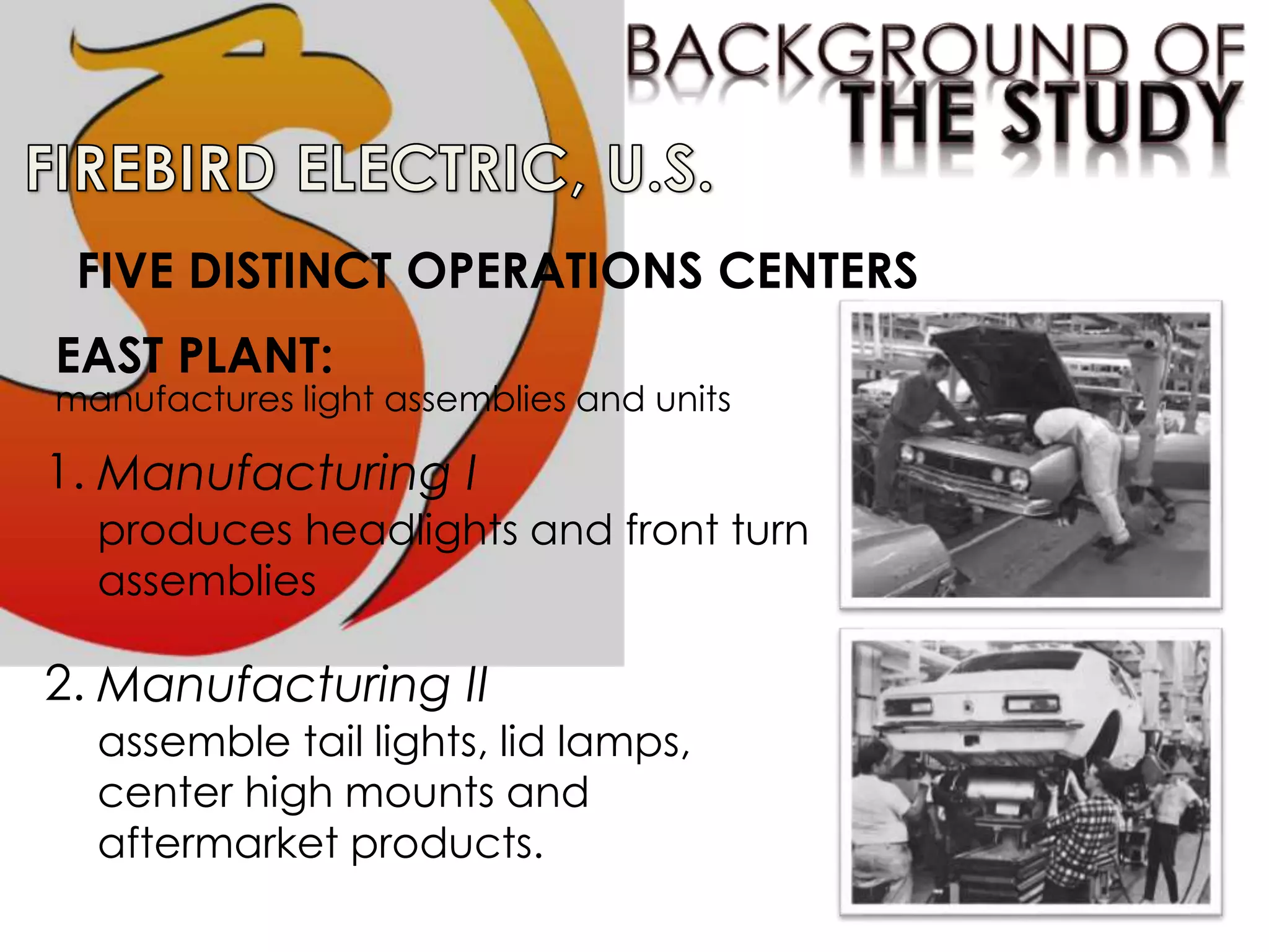 FIVE DISTINCT OPERATIONS CENTERS
1.
EAST PLANT:
manufactures light assemblies and units
Manufacturing I
produces headlights and front turn
assemblies
2. Manufacturing II
assemble tail lights, lid lamps,
center high mounts and
aftermarket products.
 