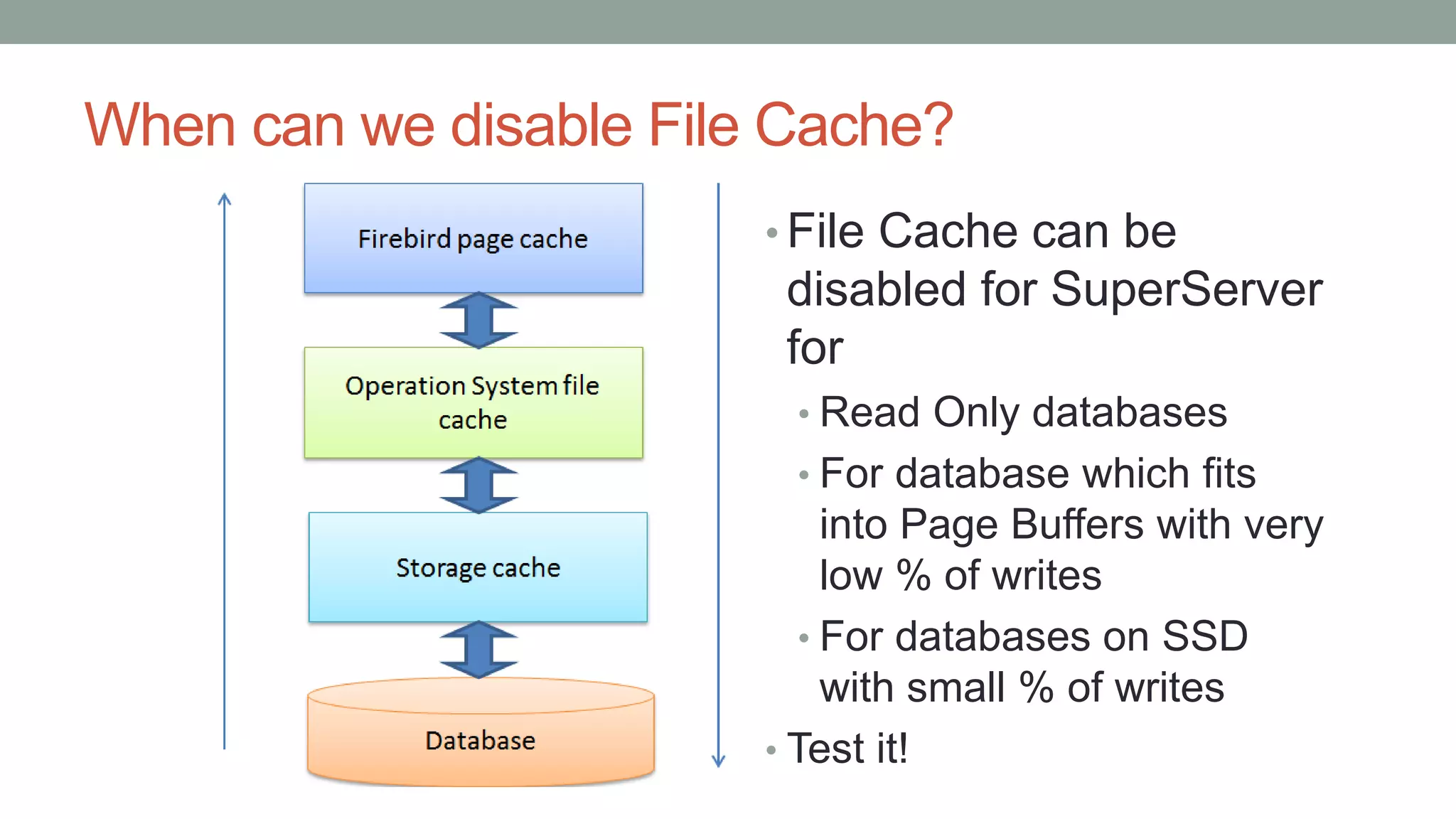 When can we disable File Cache?
• File Cache can be
disabled for SuperServer
for
• Read Only databases
• For database which fits
into Page Buffers with very
low % of writes
• For databases on SSD
with small % of writes
• Test it!
 