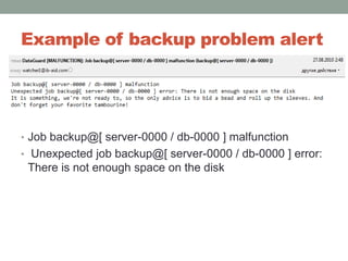 Example of backup problem alertJob backup@[ server-0000 / db-0000 ] malfunctionUnexpected job backup@[ server-0000 / db-0000 ] error: There is not enough space on the disk 