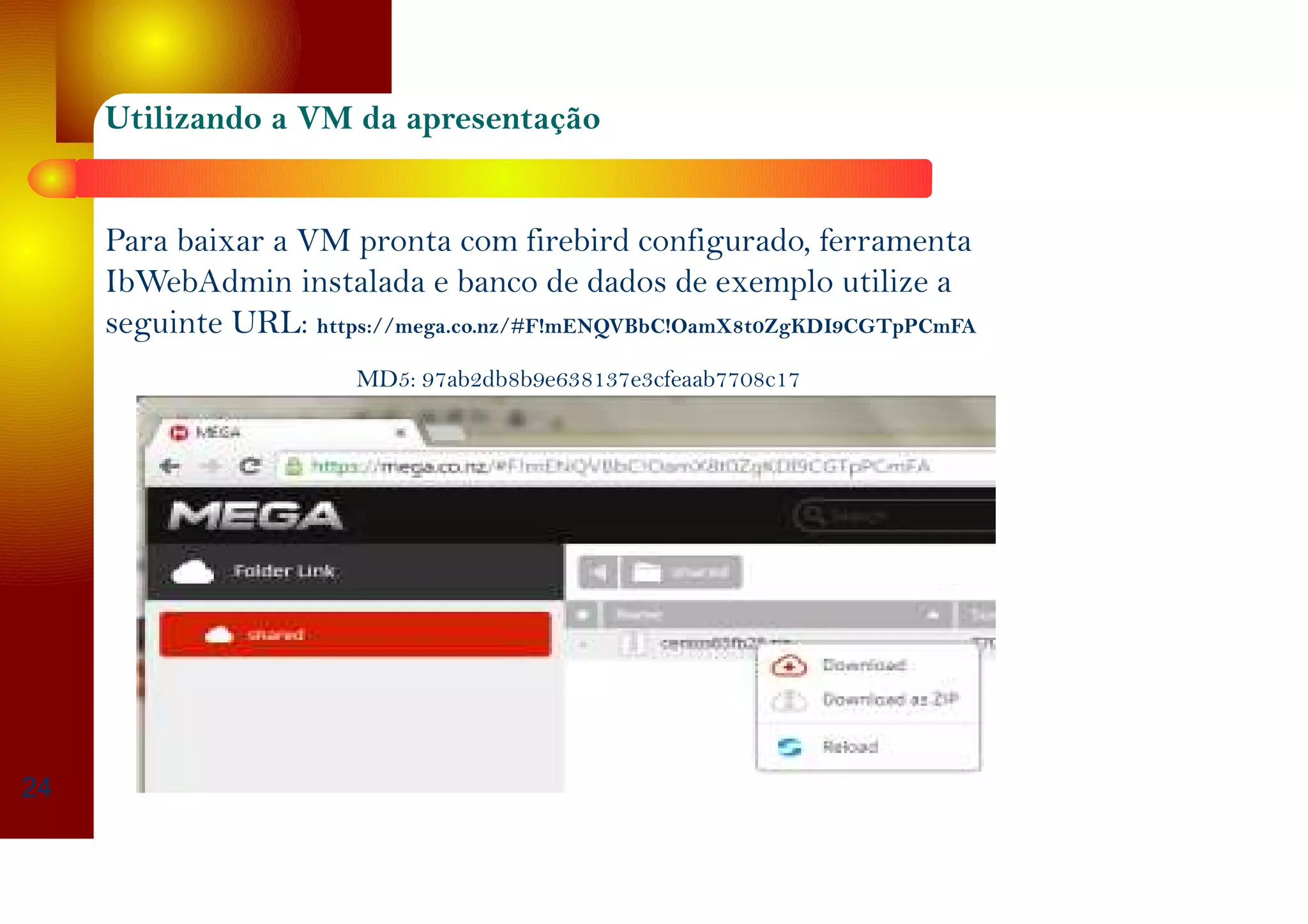 Utilizando a VM da apresentação
Para baixar a VM pronta com firebird configurado, ferramenta
IbWebAdmin instalada e banco de dados de exemplo utilize a
seguinte URL: https://mega.co.nz/#F!mENQVBbC!OamX8t0ZgKDI9CGTpPCmFA
MD5: 97ab2db8b9e638137e3cfeaab7708c17
24
 