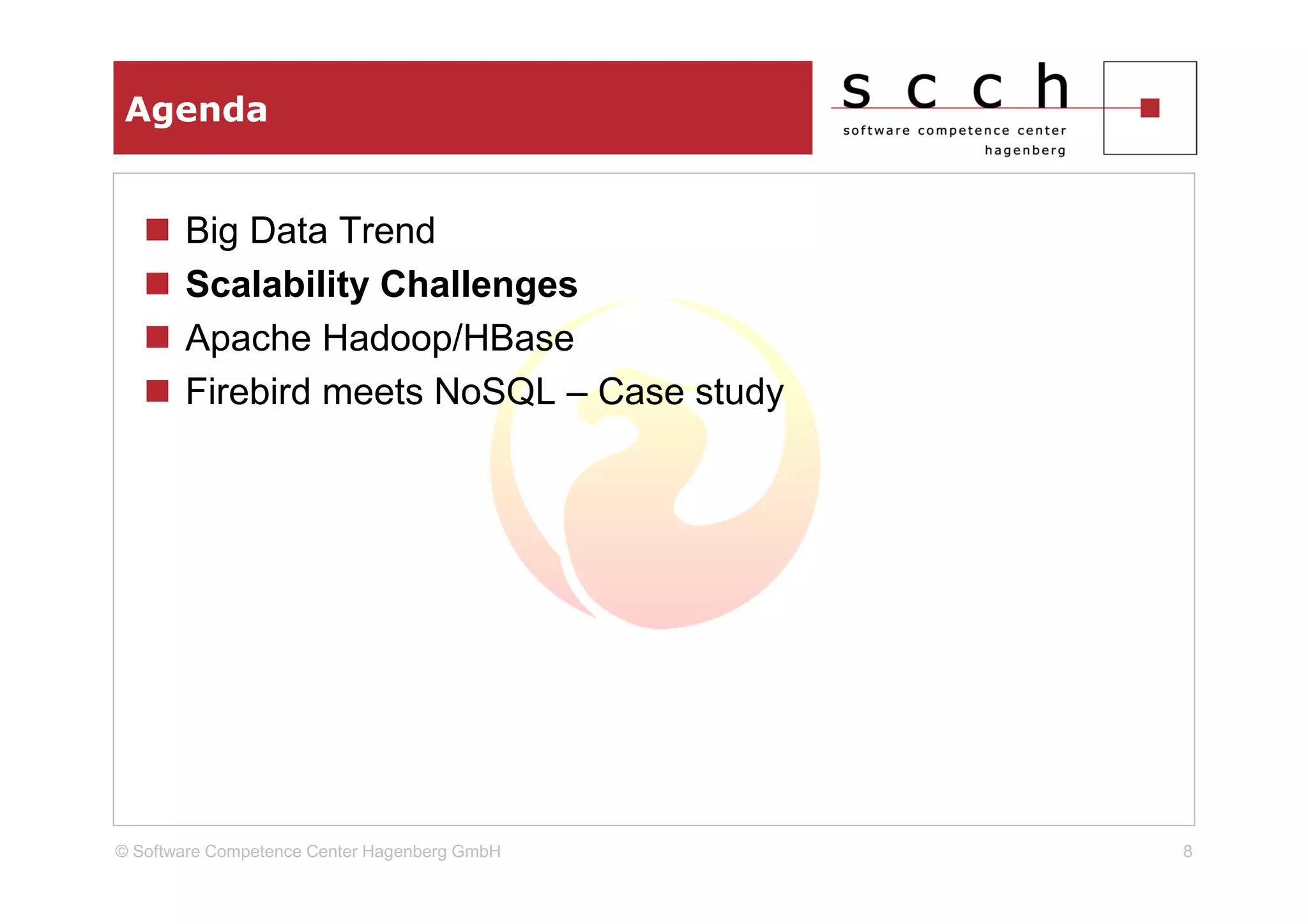 Agenda


       Big Data Trend
       Scalability Challenges
       Apache Hadoop/HBase
       Firebird meets NoSQL – Case study




© Software Competence Center Hagenberg GmbH   8
 