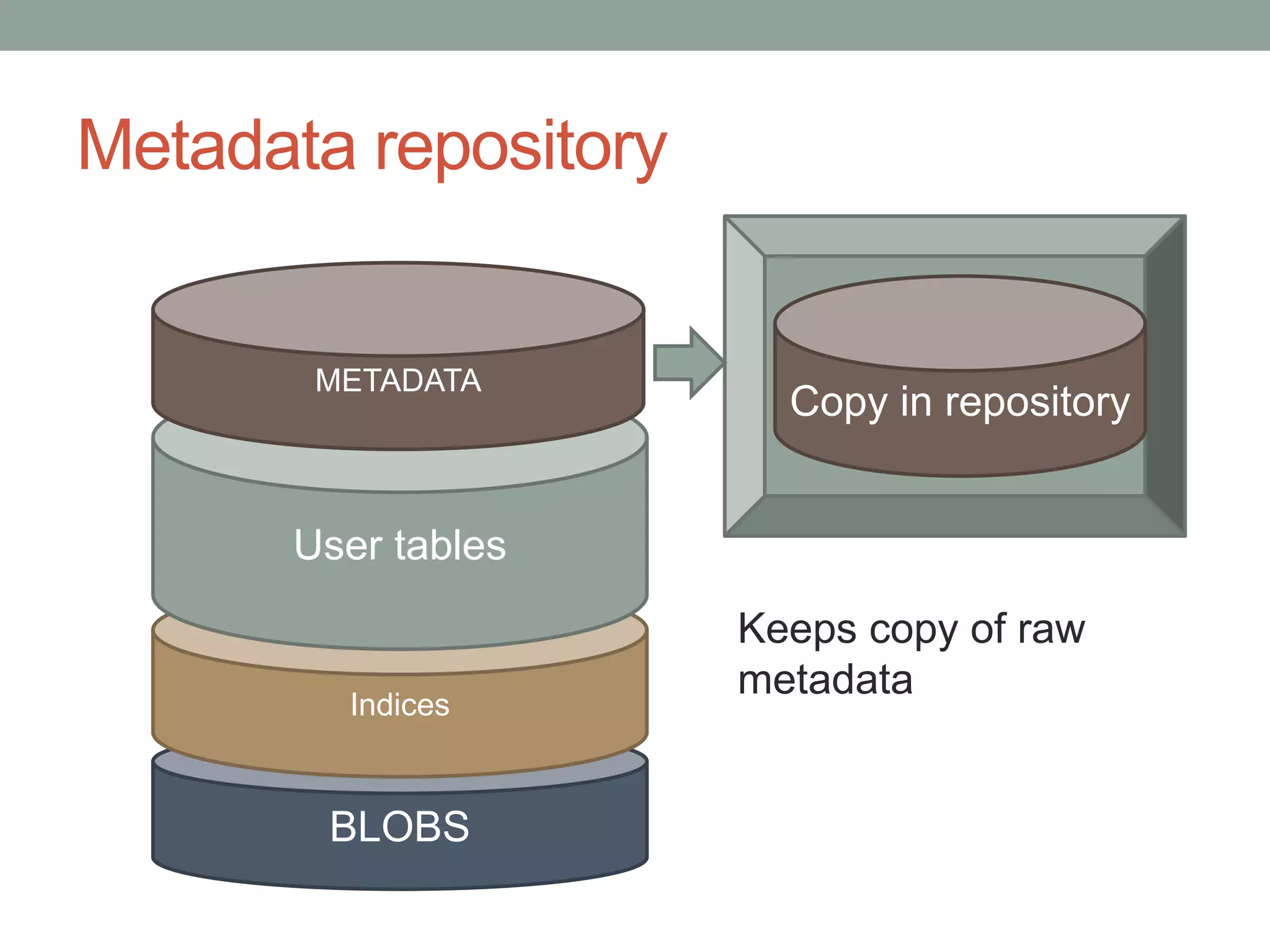 Metadata repository


       METADATA
                        Copy in repository


      User tables
                      Keeps copy of raw
                      metadata
        Indices


        BLOBS
 