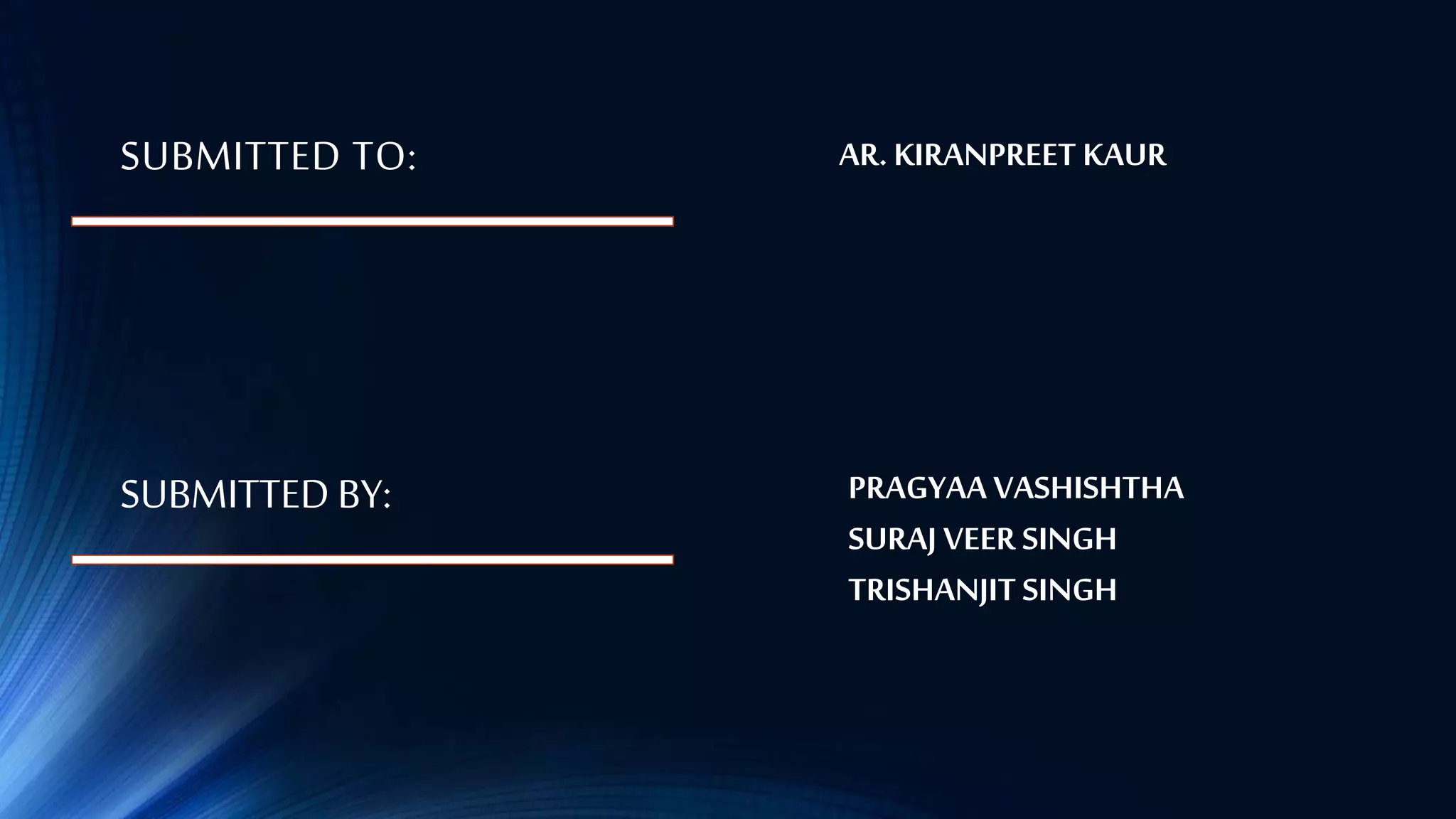 SUBMITTED TO:
SUBMITTEDBY:
AR. KIRANPREET KAUR
PRAGYAA VASHISHTHA
SURAJ VEER SINGH
TRISHANJIT SINGH
 