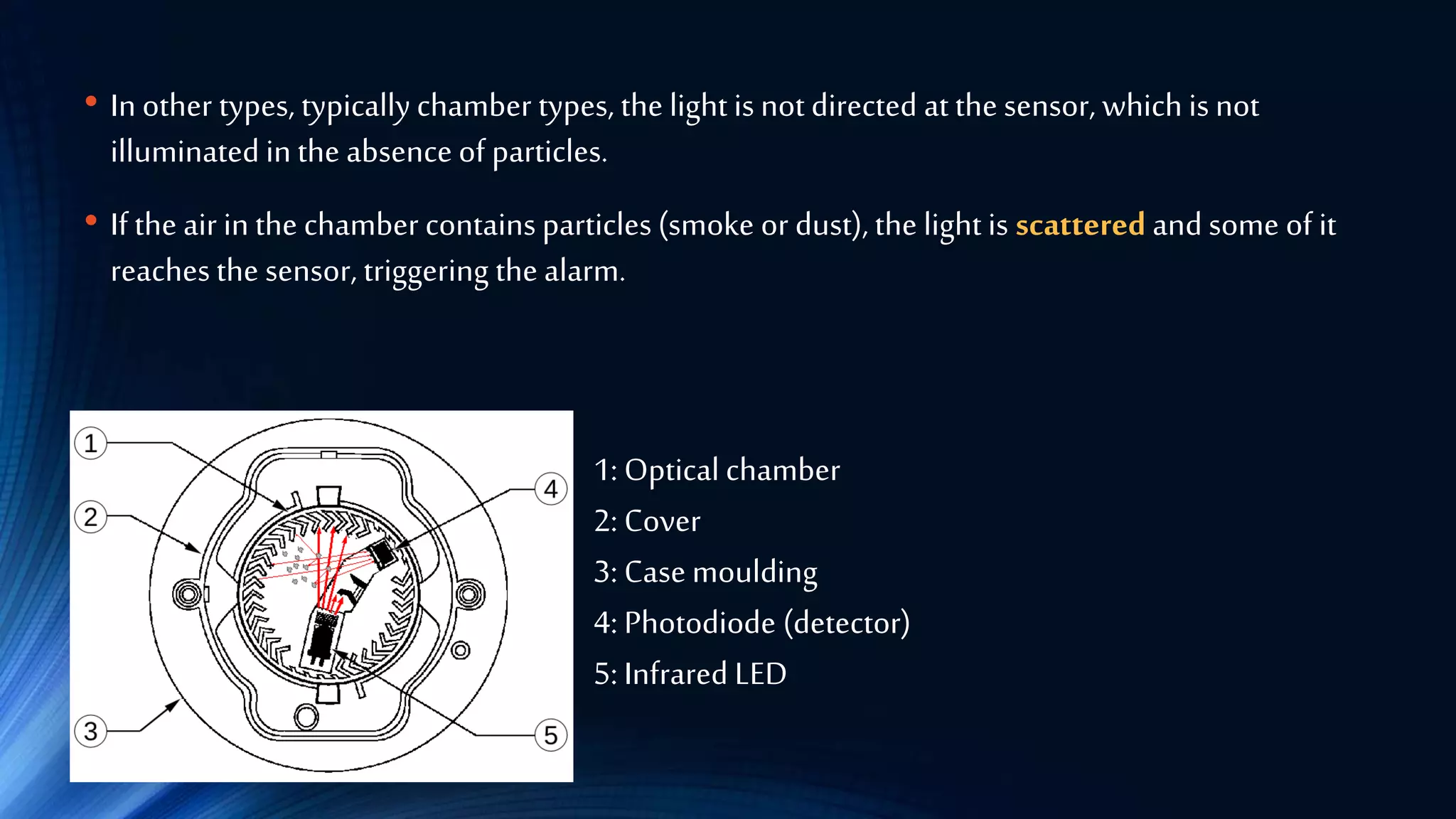 • In other types, typically chamber types, the light is not directed at the sensor, which is not
illuminated in the absence of particles.
• If the air in the chamber contains particles (smoke or dust), the light is scattered and some of it
reaches the sensor, triggering the alarm.
1: Optical chamber
2: Cover
3: Case moulding
4: Photodiode (detector)
5: Infrared LED
 