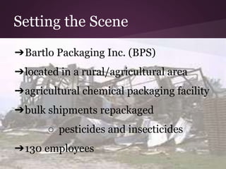 Setting the Scene 
➔Bartlo Packaging Inc. (BPS) 
➔located in a rural/agricultural area 
➔agricultural chemical packaging f...