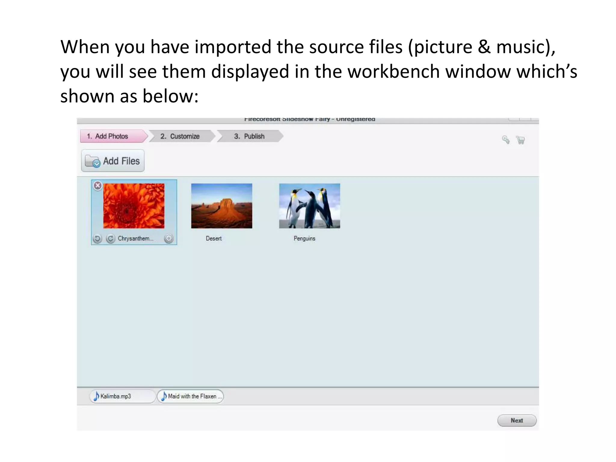 When you have imported the source files (picture & music),
you will see them displayed in the workbench window which’s
shown as below:
 