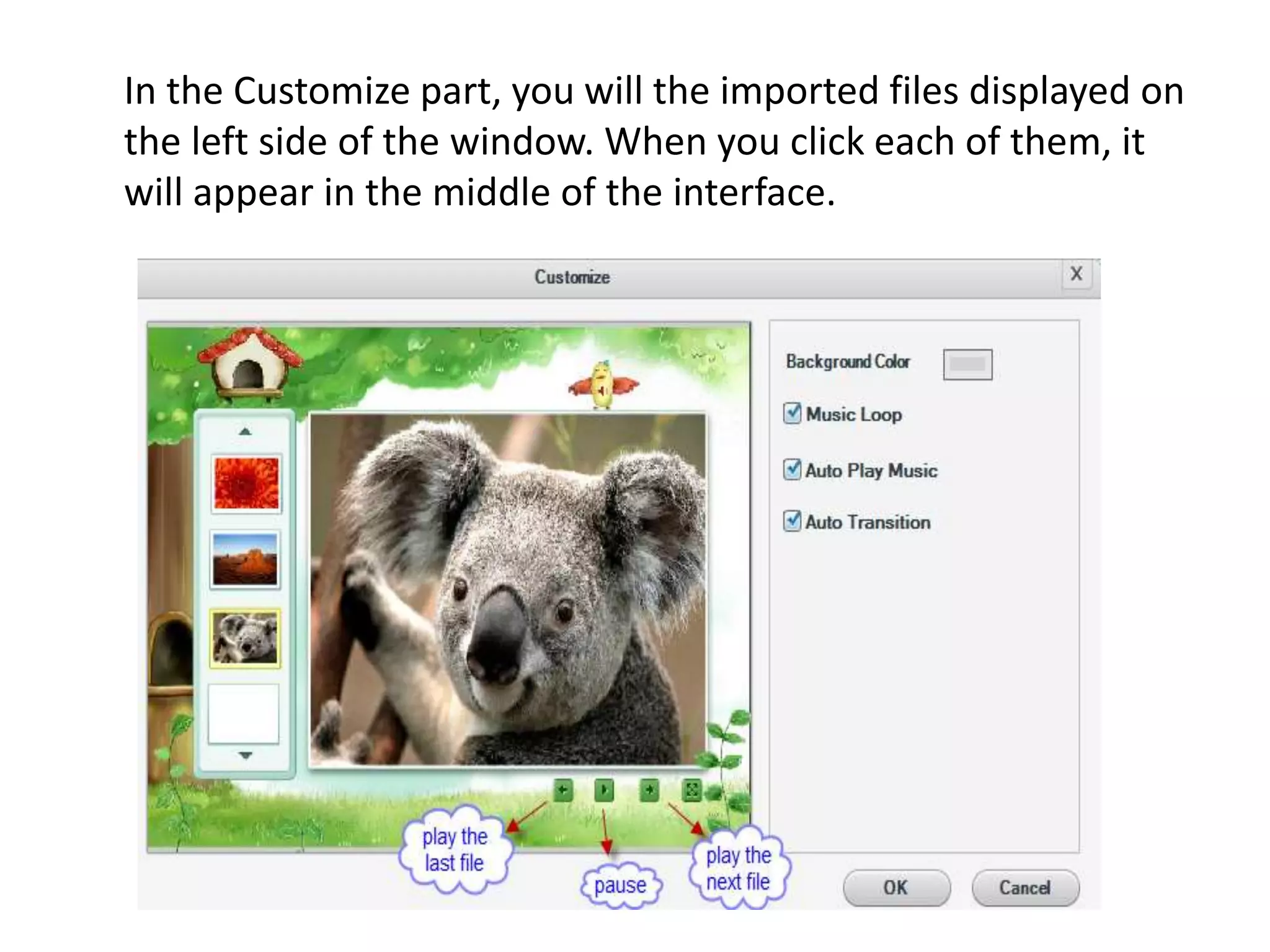 In the Customize part, you will the imported files displayed on
the left side of the window. When you click each of them, it
will appear in the middle of the interface.
 