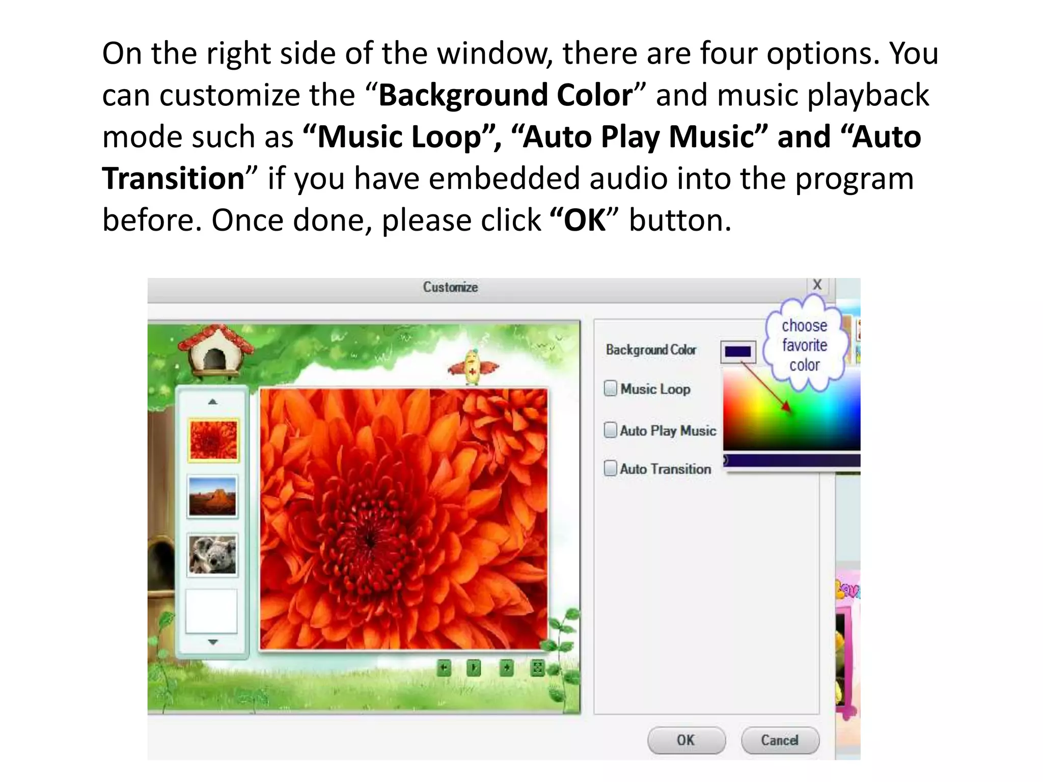 On the right side of the window, there are four options. You
can customize the “Background Color” and music playback
mode such as “Music Loop”, “Auto Play Music” and “Auto
Transition” if you have embedded audio into the program
before. Once done, please click “OK” button.
 