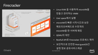 © 2018, Amazon Web Services, Inc. or its affiliates. All rights reserved.
Firecracker
• Linux KVM 을 사용하여 microVM을
만들고 관리하는 VMM
• User space에서 실행
• microVM의 빠른 시작시간과 낮은
메모리오버헤드로 수천개의
microVM을 한 서버에 패킹
• QEMU의 대안
• Restfull API로 Firecracker 프로세스 제어
• 보안적으로 안전한 Host-guestOS간
설정 정보 공유서비스제공
 