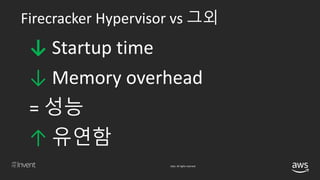 © 2018, Amazon Web Services, Inc. or its affiliates. All rights reserved.
Firecracker Hypervisor vs 그외
↓
↓
↑
 
