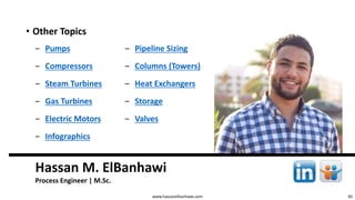30
Hassan M. ElBanhawi
Process Engineer | M.Sc.
www.hassanelbanhawi.com
• Other Topics
‒ Pumps ‒ Pipeline Sizing
‒ Compressors ‒ Columns (Towers)
‒ Steam Turbines ‒ Heat Exchangers
‒ Gas Turbines ‒ Storage
‒ Electric Motors ‒ Valves
‒ Infographics
 