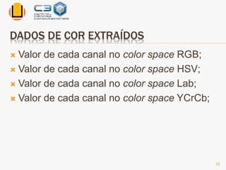 DADOS DE COR EXTRAÍDOS 
 Valor de cada canal no color space RGB; 
 Valor de cada canal no color space HSV; 
 Valor de cada canal no color space Lab; 
 Valor de cada canal no color space YCrCb; 
22 
 