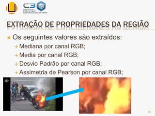 EXTRAÇÃO DE PROPRIEDADES DA REGIÃO 
 Os seguintes valores são extraídos: 
 Mediana por canal RGB; 
 Media por canal RGB; 
 Desvio Padrão por canal RGB; 
 Assimetria de Pearson por canal RGB; 
30 
 