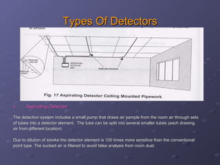 Types Of DetectorsTypes Of Detectors
6.6. Aspirating DetectorAspirating Detector
The detection system includes a small pump that draws air sample from the room air through setsThe detection system includes a small pump that draws air sample from the room air through sets
of tubes into a detector element. The tube can be split into several smaller tubes (each drawingof tubes into a detector element. The tube can be split into several smaller tubes (each drawing
air from different location)air from different location)
Due to dilution of smoke the detector element is 100 times more sensitive than the conventionalDue to dilution of smoke the detector element is 100 times more sensitive than the conventional
point type. The sucked air is filtered to avoid false analysis from room dust.point type. The sucked air is filtered to avoid false analysis from room dust.
 