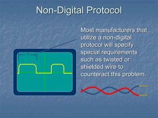 Non-Digital Protocol
Most manufacturers that
utilize a non-digital
protocol will specify
special requirements
such as twisted or
shielded wire to
counteract this problem.
?
 
