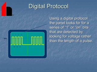 Digital Protocol
Using a digital protocol
the panel looks for for a
series of “1” or “on” bits
that are detected by
looking for voltage rather
than the length of a pulse.
0
1 1 1 1
0 0
24v
 