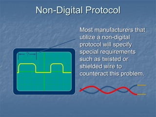 Non-Digital Protocol
Most manufacturers that
utilize a non-digital
protocol will specify
special requirements
such as twisted or
shielded wire to
counteract this problem.
?
 