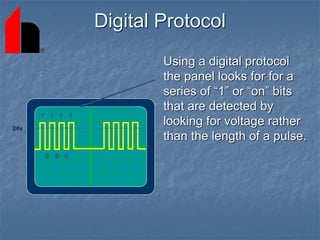 Digital Protocol
Using a digital protocol
the panel looks for for a
series of “1” or “on” bits
that are detected by
looking for voltage rather
than the length of a pulse.
0
1 1 1 1
0 0
24v
 