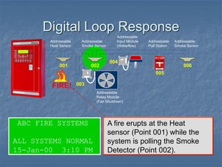 Digital Loop Response
ABC FIRE SYSTEMS
ALL SYSTEMS NORMAL
15-Jan-00 3:10 PM
A fire erupts at the Heat
sensor (Point 001) while the
system is polling the Smoke
Detector (Point 002).
Addressable
Heat Sensor
Addressable
Smoke Sensor
001 002
003
004
005
Addressable
Pull Station
Addressable
Smoke Sensor
006
FIRE!
Addressable
Relay Module
(Fan Shutdown)
Addressable
Input Module
(Waterflow)
 
