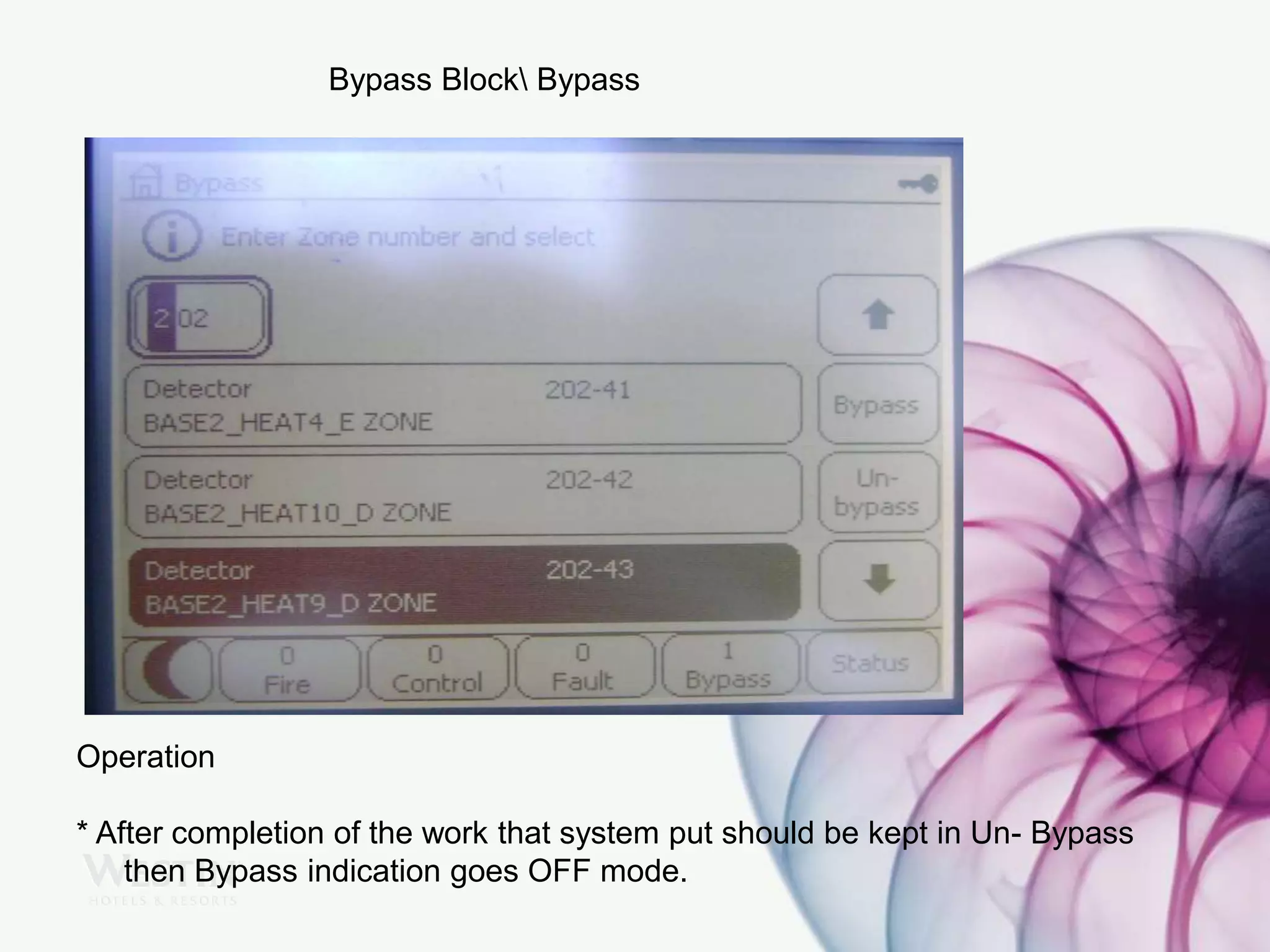 Bypass Block Bypass
Operation
* After completion of the work that system put should be kept in Un- Bypass
then Bypass indication goes OFF mode.
 