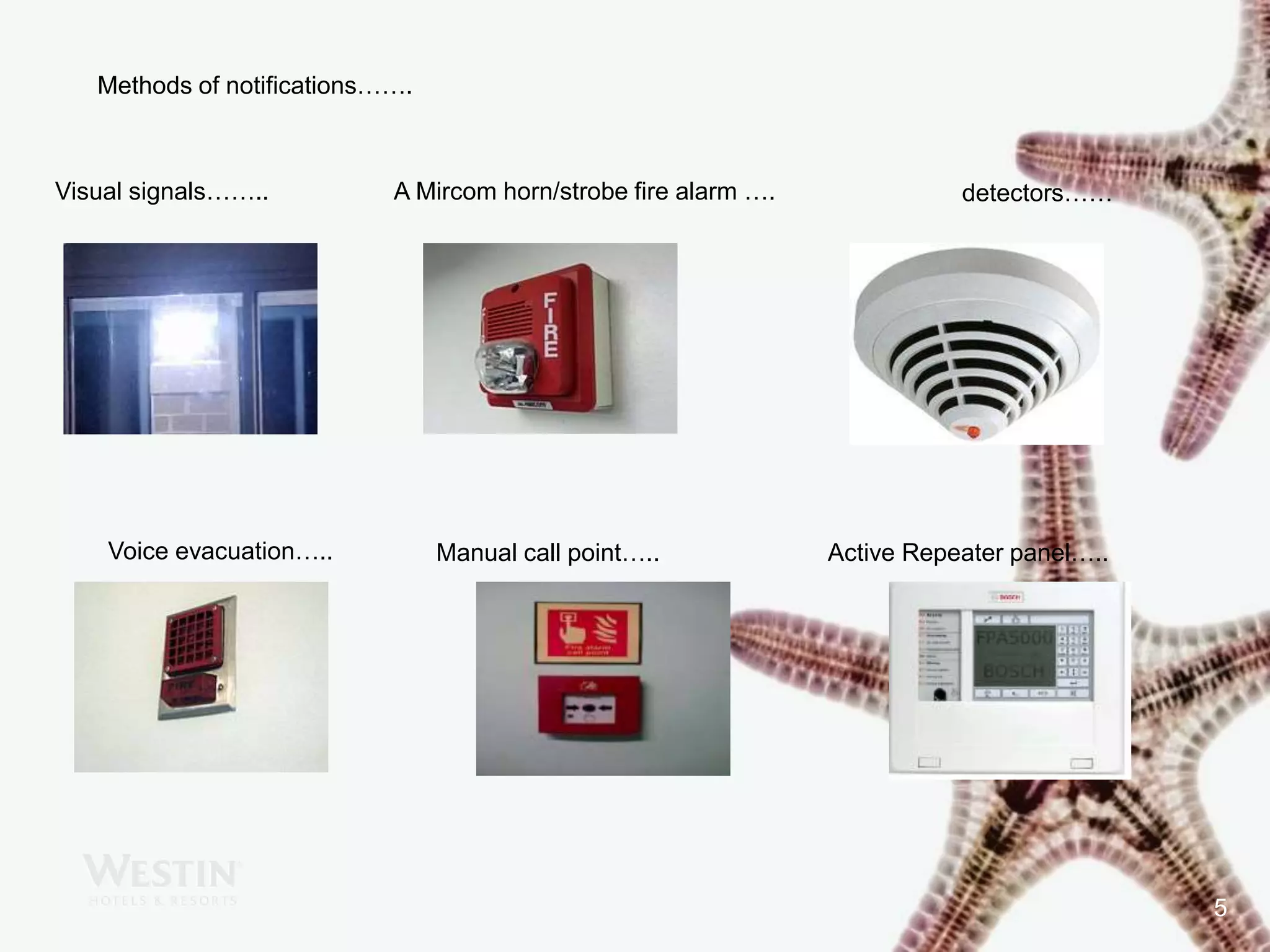 5
Methods of notifications…….
Visual signals…….. A Mircom horn/strobe fire alarm ….
Voice evacuation…..
detectors……
Manual call point….. Active Repeater panel…..
 