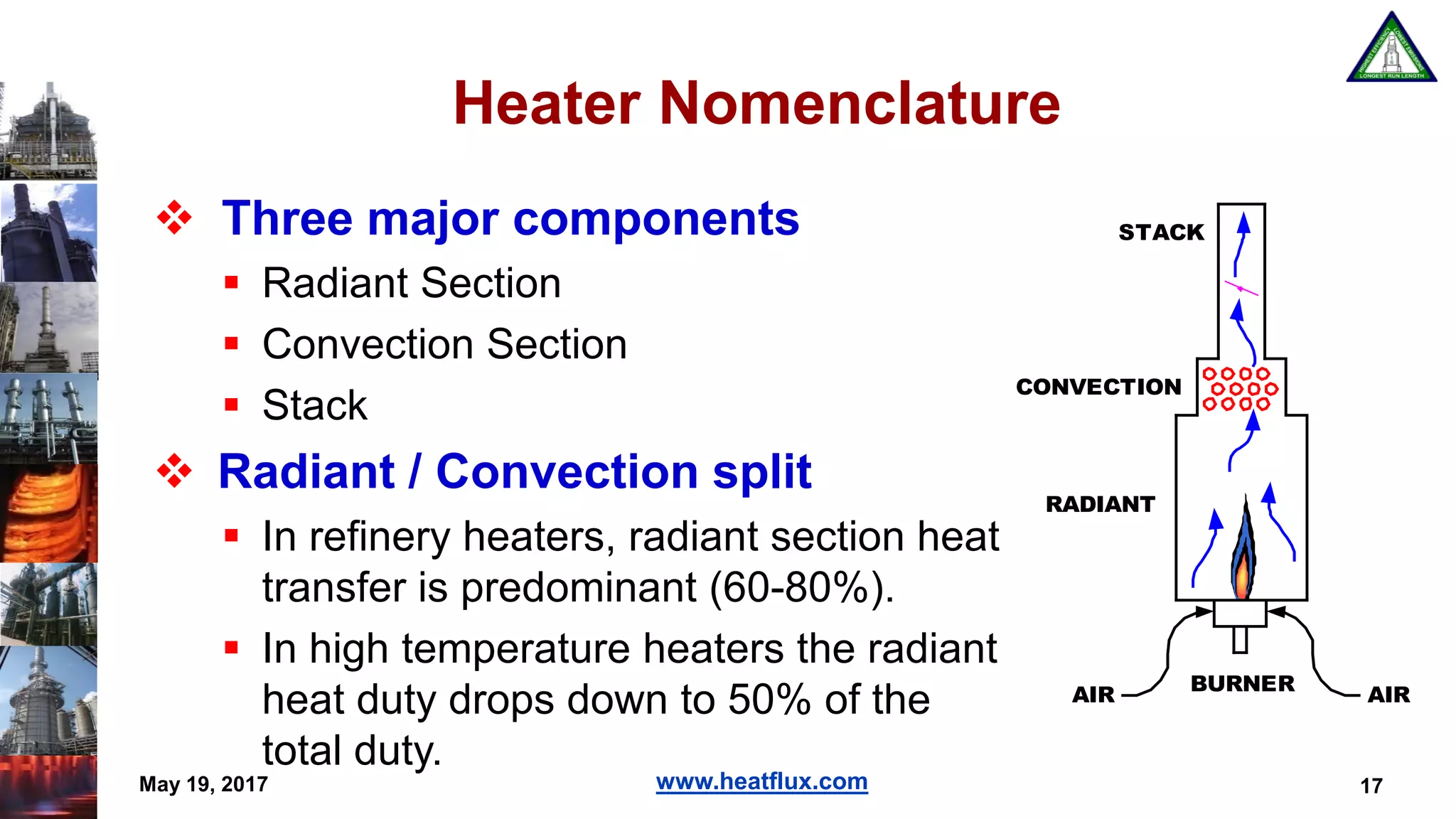 www.heatflux.com
Heater Nomenclature
 Three major components
 Radiant Section
 Convection Section
 Stack
 Radiant / Convection split
 In refinery heaters, radiant section heat
transfer is predominant (60-80%).
 In high temperature heaters the radiant
heat duty drops down to 50% of the
total duty.
May 19, 2017 17
AIR AIR
STACK
CONVECTION
RADIANT
BURNER
 
