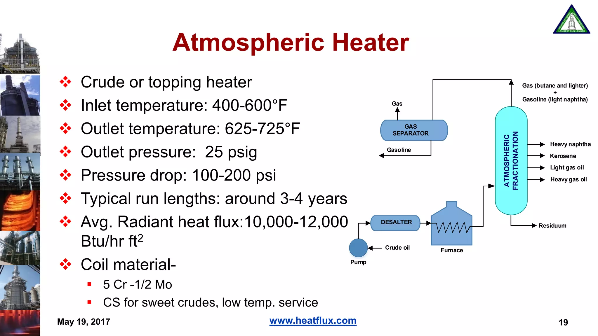 www.heatflux.com
Atmospheric Heater
 Crude or topping heater
 Inlet temperature: 400-600°F
 Outlet temperature: 625-725°F
 Outlet pressure: 25 psig
 Pressure drop: 100-200 psi
 Typical run lengths: around 3-4 years
 Avg. Radiant heat flux:10,000-12,000
Btu/hr ft2
 Coil material-
 5 Cr -1/2 Mo
 CS for sweet crudes, low temp. service
May 19, 2017 19
GAS
SEPARATOR
ATMOSPHERIC
FRACTIONATION
DESALTER
Heavy naphtha
Kerosene
Light gas oil
Heavy gas oil
Crude oil
Gas
Gasoline
Furnace
Residuum
Gas (butane and lighter)
+
Gasoline (light naphtha)
Pump
 
