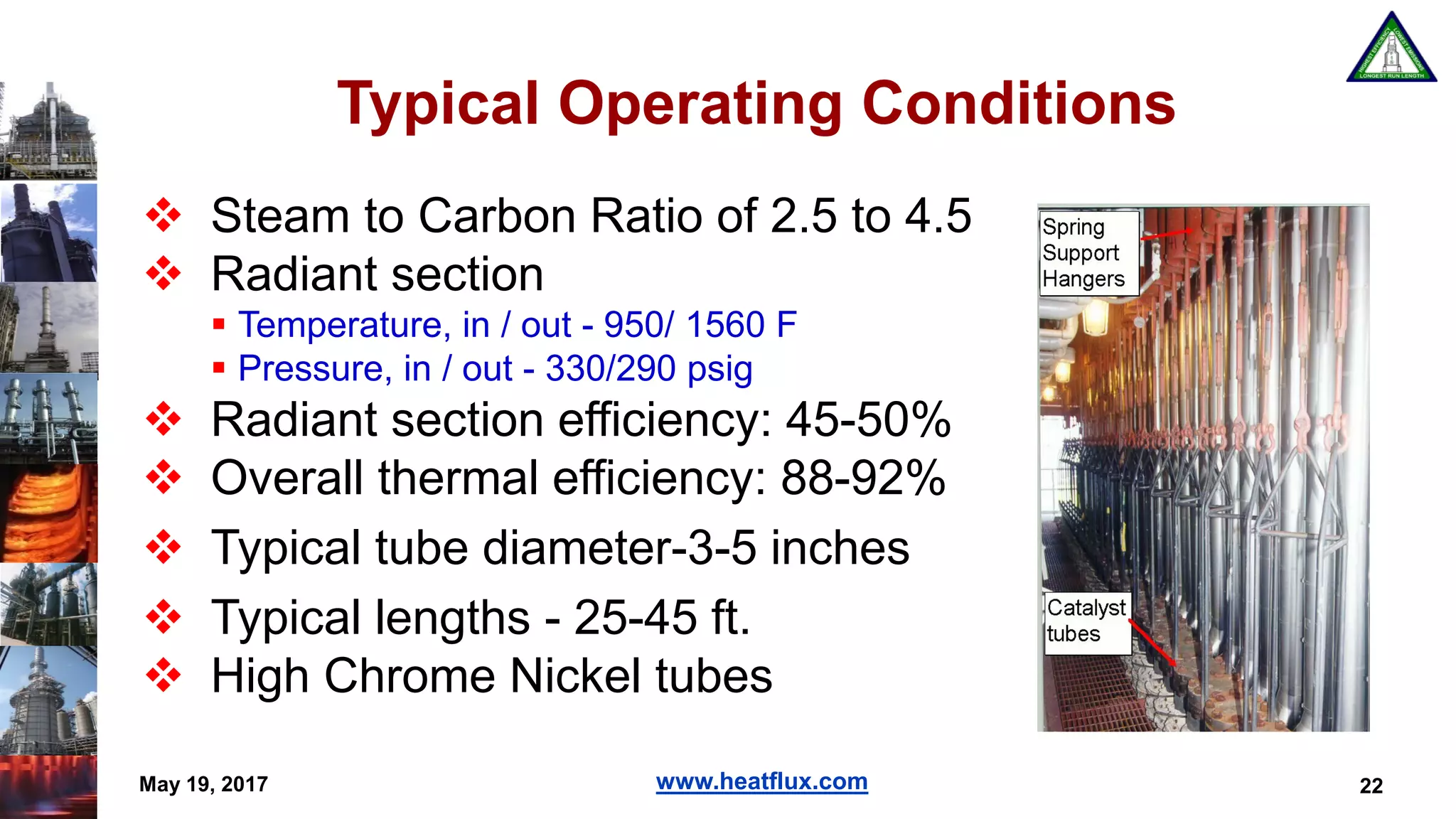 www.heatflux.com
Typical Operating Conditions
 Steam to Carbon Ratio of 2.5 to 4.5
 Radiant section
 Temperature, in / out - 950/ 1560 F
 Pressure, in / out - 330/290 psig
 Radiant section efficiency: 45-50%
 Overall thermal efficiency: 88-92%
 Typical tube diameter-3-5 inches
 Typical lengths - 25-45 ft.
 High Chrome Nickel tubes
22May 19, 2017
 