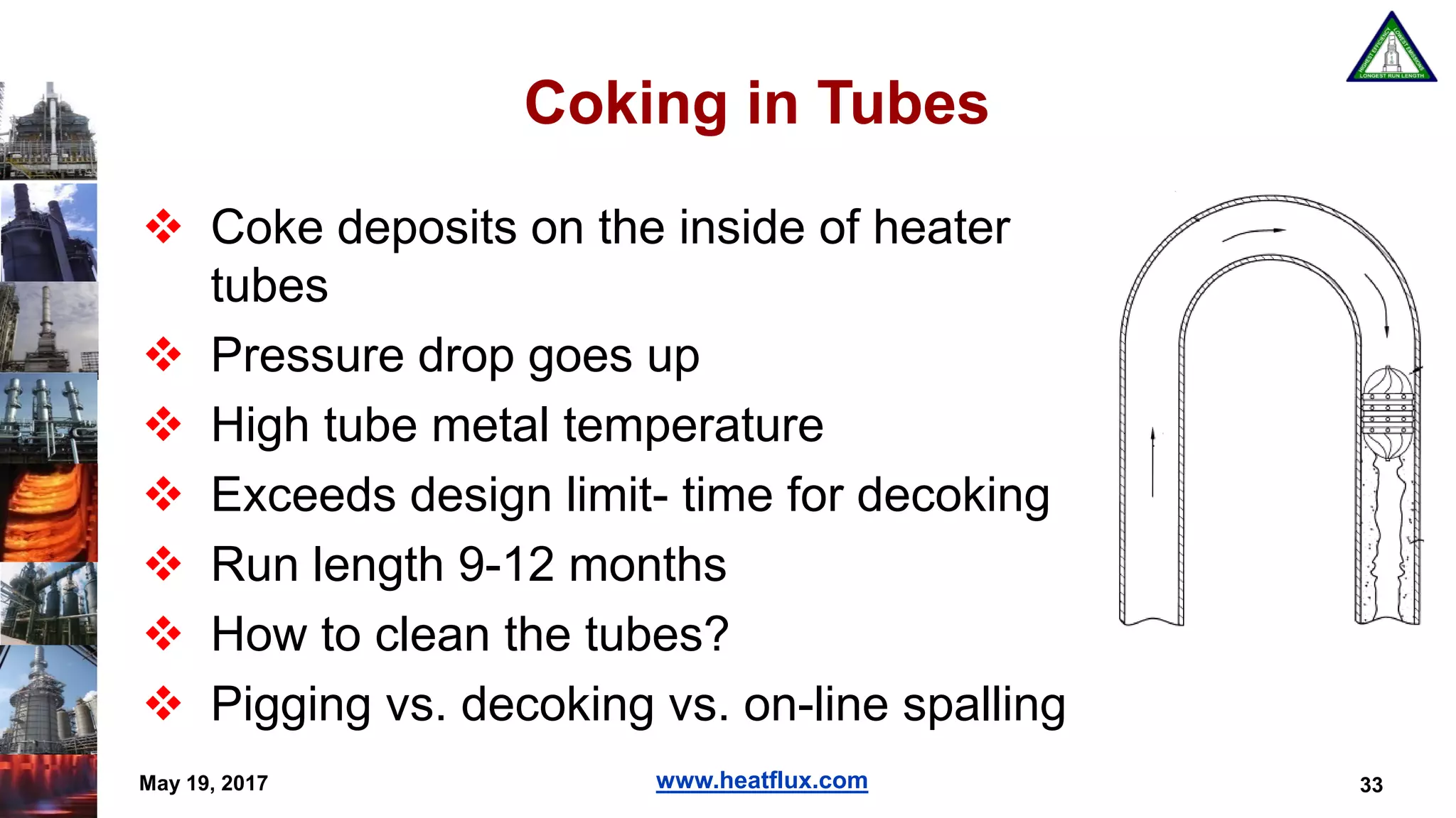 www.heatflux.com
Coking in Tubes
 Coke deposits on the inside of heater
tubes
 Pressure drop goes up
 High tube metal temperature
 Exceeds design limit- time for decoking
 Run length 9-12 months
 How to clean the tubes?
 Pigging vs. decoking vs. on-line spalling
33May 19, 2017
 
