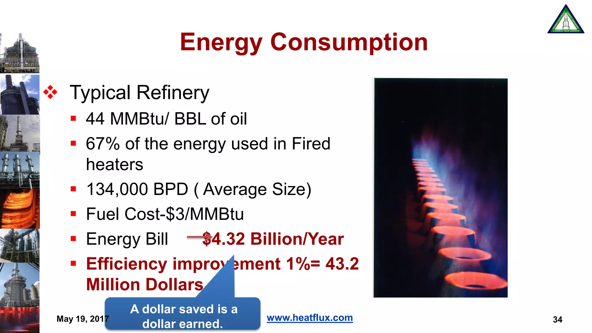 www.heatflux.com
Energy Consumption
 Typical Refinery
 44 MMBtu/ BBL of oil
 67% of the energy used in Fired
heaters
 134,000 BPD ( Average Size)
 Fuel Cost-$3/MMBtu
 Energy Bill $4.32 Billion/Year
 Efficiency improvement 1%= 43.2
Million Dollars
A dollar saved is a
dollar earned.
May 19, 2017 34
 