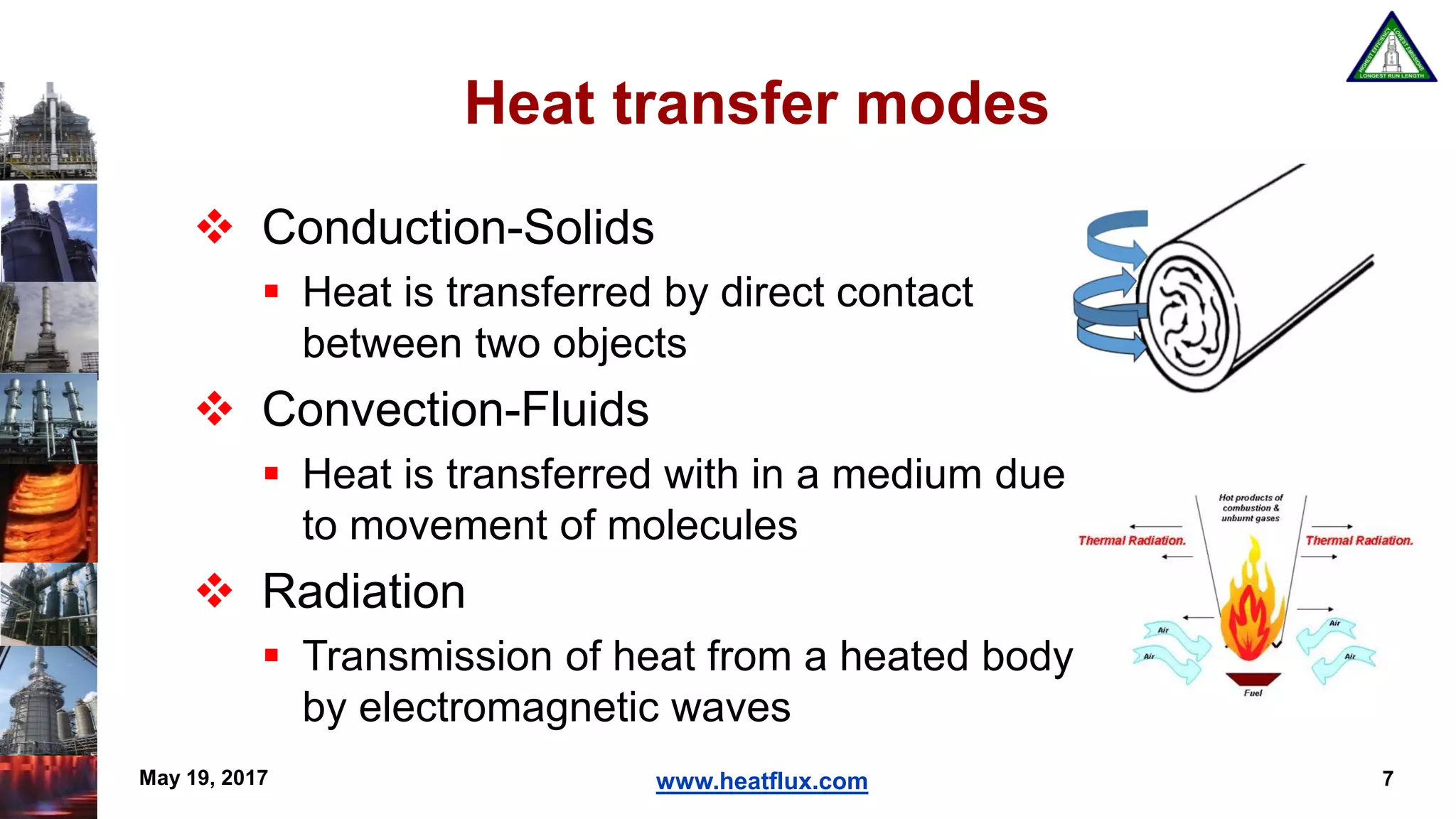 www.heatflux.comMay 19, 2017 7
Heat transfer modes
 Conduction-Solids
 Heat is transferred by direct contact
between two objects
 Convection-Fluids
 Heat is transferred with in a medium due
to movement of molecules
 Radiation
 Transmission of heat from a heated body
by electromagnetic waves
 