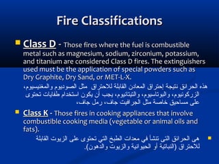 Fire ClassificationsFire Classifications
 Class DClass D -- Those fires where the fuel is combustibleThose fires where the fuel is combustible
metal such as magnesium, sodium, zirconium, potassium,metal such as magnesium, sodium, zirconium, potassium,
and titanium are considered Class D fires. The extinguishersand titanium are considered Class D fires. The extinguishers
used must be the application of special powders such asused must be the application of special powders such as
Dry Graphite, Dry Sand, or MET-L-X.Dry Graphite, Dry Sand, or MET-L-X.
،‫والمغنيسيوم‬ ‫الصوديوم‬ ‫مثل‬ ‫للتحتراق‬ ‫القابلة‬ ‫المعادن‬ ‫إتحتراق‬ ‫نتيجة‬ ‫الحرائق‬ ‫هذه‬
‫تحتوى‬ ‫طفايات‬ ‫استخدام‬ ‫يكون‬ ‫أن‬ ‫يجب‬ ،‫والتيتانيوم‬ ،‫والبوتاسيوم‬ ،‫الزركونيوم‬
،‫جاف‬ ‫رمل‬ ،‫جاف‬ ‫الجرافيت‬ ‫مثل‬ ‫خاصة‬ ‫مساتحيق‬ ‫على‬
 Class KClass K -- Those fires in cooking appliances that involveThose fires in cooking appliances that involve
combustible cooking media (vegetable or animal oils andcombustible cooking media (vegetable or animal oils and
fats).fats).
‫القابلة‬ ‫الزيوت‬ ‫على‬ ‫تحتوى‬ ‫التي‬ ‫الطبخ‬ ‫معدات‬ ‫في‬ ‫تنشأ‬ ‫التى‬ ‫الحرائق‬ ‫هى‬
.(‫والدهون‬ ‫والزيوت‬ ‫الحيوانية‬ ‫أو‬ ‫)النباتية‬ ‫للتحتراق‬
 