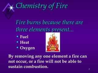 2
Chemistry of Fire
Chemistry of Fire
Fire burns because there are
Fire burns because there are
three elements present...
three elements present...
 Fuel
 Heat
 Oxygen
By removing any one element a fire can
not occur, or a fire will not be able to
sustain combustion.
 
