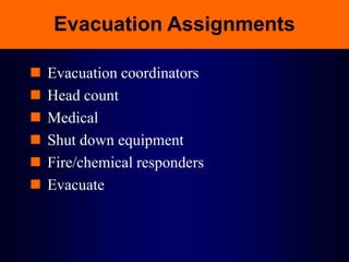 Evacuation Assignments
 Evacuation coordinators
 Head count
 Medical
 Shut down equipment
 Fire/chemical responders
 Evacuate
 