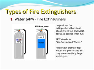 11.. Water (APW) Fire Extinguishers
Types of Fire ExtinguishersTypes of Fire Extinguishers
Large silver fire
extinguishers that stand
about 2 feet tall and weigh
about 25 pounds when full.
APW stands for
“Air-Pressurized Water.”
Filled with ordinary tap
water and pressurized air,
they are essentially large
squirt guns.
 