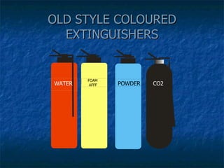 OLD STYLE COLOURED EXTINGUISHERS WATER FOAM AFFF POWDER CO2 