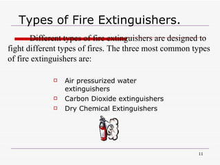 Types of Fire Extinguishers. Air pressurized water extinguishers Carbon Dioxide extinguishers Dry Chemical Extinguishers Different types of fire extinguishers are designed to fight different types of fires. The three most common types of fire extinguishers are: 