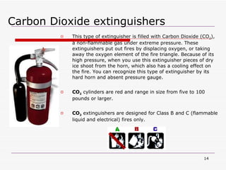 Carbon Dioxide extinguishers This type of extinguisher is filled with Carbon Dioxide (CO 2 ), a non-flammable gas under extreme pressure. These extinguishers put out fires by displacing oxygen, or taking away the oxygen element of the fire triangle. Because of its high pressure, when you use this extinguisher pieces of dry ice shoot from the horn, which also has a cooling effect on the fire. You can recognize this type of extinguisher by its hard horn and absent pressure gauge.  CO 2  cylinders are red and range in size from five to 100 pounds or larger.  CO 2  extinguishers are designed for Class B and C (flammable liquid and electrical) fires only.  