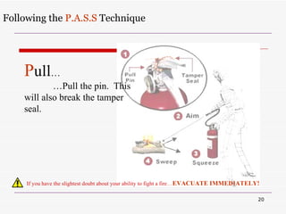 Following the  P.A.S.S  Technique If you have the slightest doubt about your ability to fight a fire … EVACUATE IMMEDIATELY! P ull … … Pull the pin.  This will also break the tamper seal. 