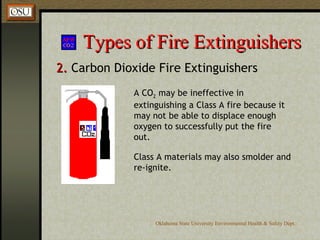 Types of Fire Extinguishers 2.  Carbon Dioxide Fire Extinguishers Class A materials may also smolder and re-ignite. A CO 2  may be ineffective in extinguishing a Class A fire because it may not be able to displace enough oxygen to successfully put the fire out. 