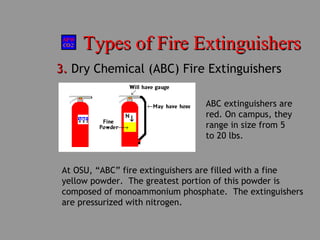 Types of Fire ExtinguishersTypes of Fire Extinguishers
3.3. Dry Chemical (ABC) Fire Extinguishers
At OSU, “ABC” fire extinguishers are filled with a fine
yellow powder. The greatest portion of this powder is
composed of monoammonium phosphate. The extinguishers
are pressurized with nitrogen.
ABC extinguishers are
red. On campus, they
range in size from 5
to 20 lbs.
 