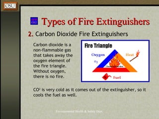 Environmental Health & Safety Dept.
Types of Fire ExtinguishersTypes of Fire Extinguishers
2.2. Carbon Dioxide Fire Extinguishers
CO2
is very cold as it comes out of the extinguisher, so it
cools the fuel as well.
Carbon dioxide is a
non-flammable gas
that takes away the
oxygen element of
the fire triangle.
Without oxygen,
there is no fire.
 